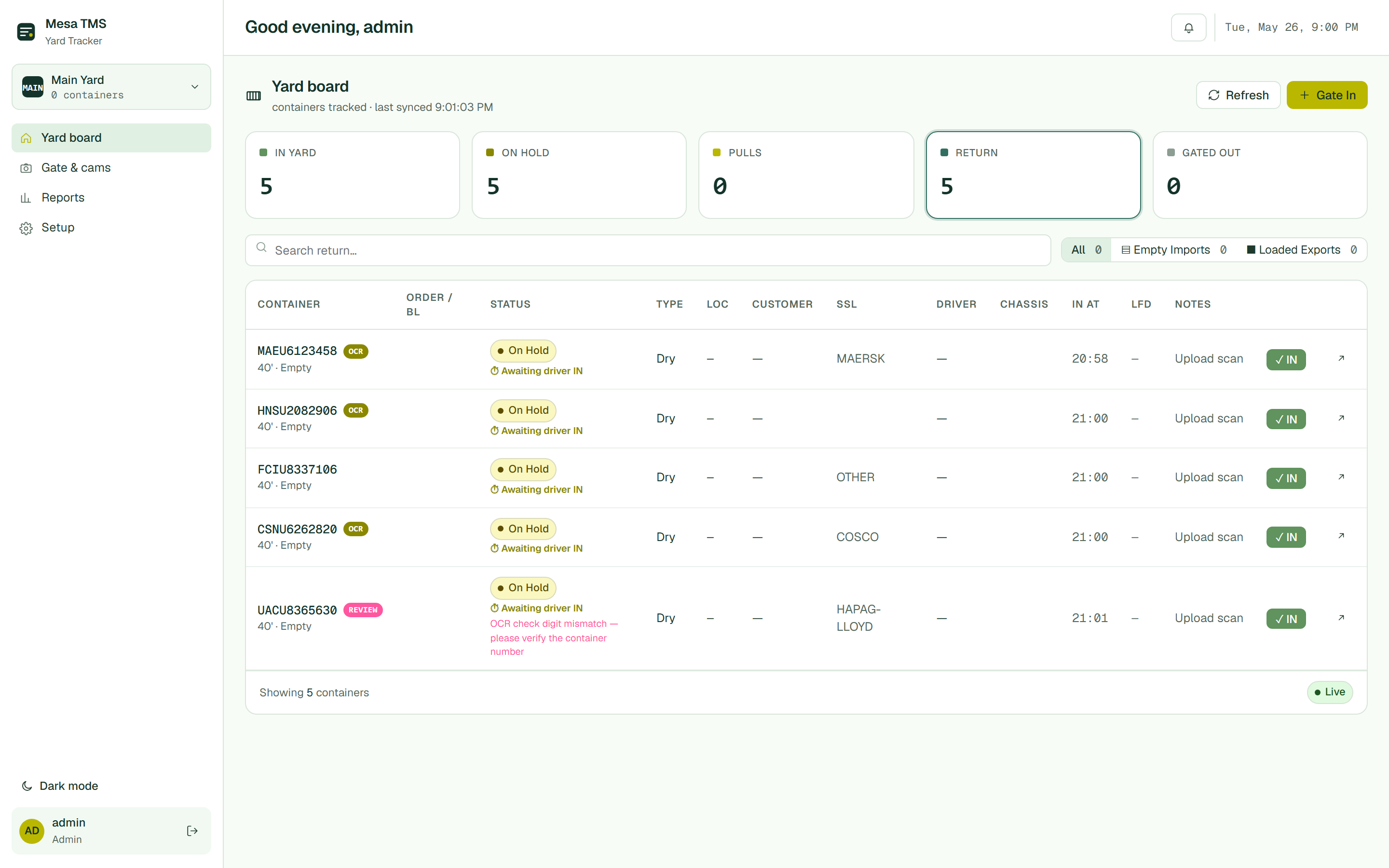 Return bucket selected — five containers across empty imports and loaded exports