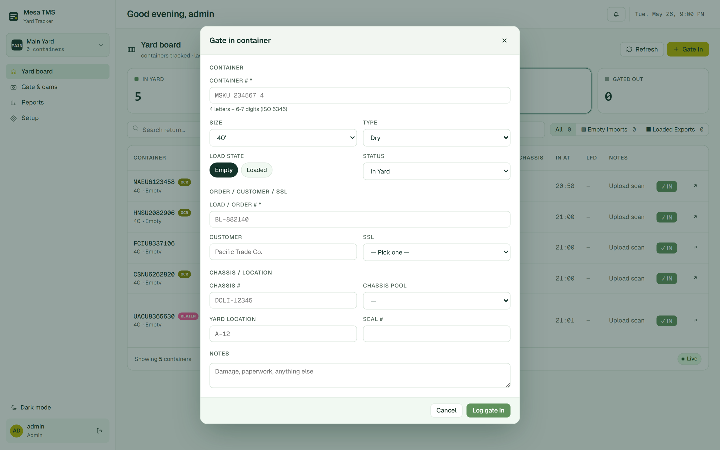Gate In modal — container number, size, type, load, order, SSL, chassis, location, seal, notes