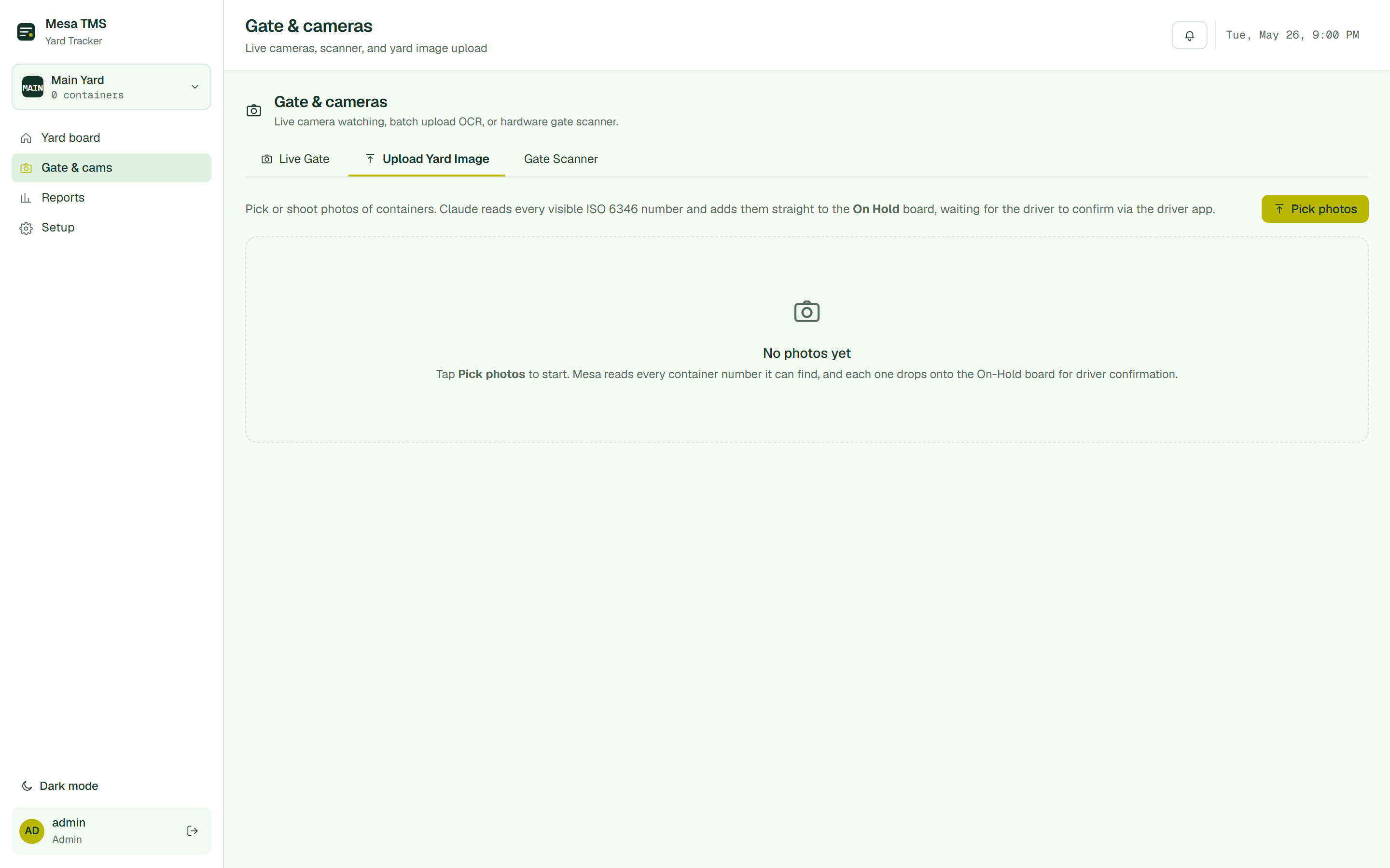 Upload Yard Image tab — Pick photos to start. Mesa reads every container number it can find.