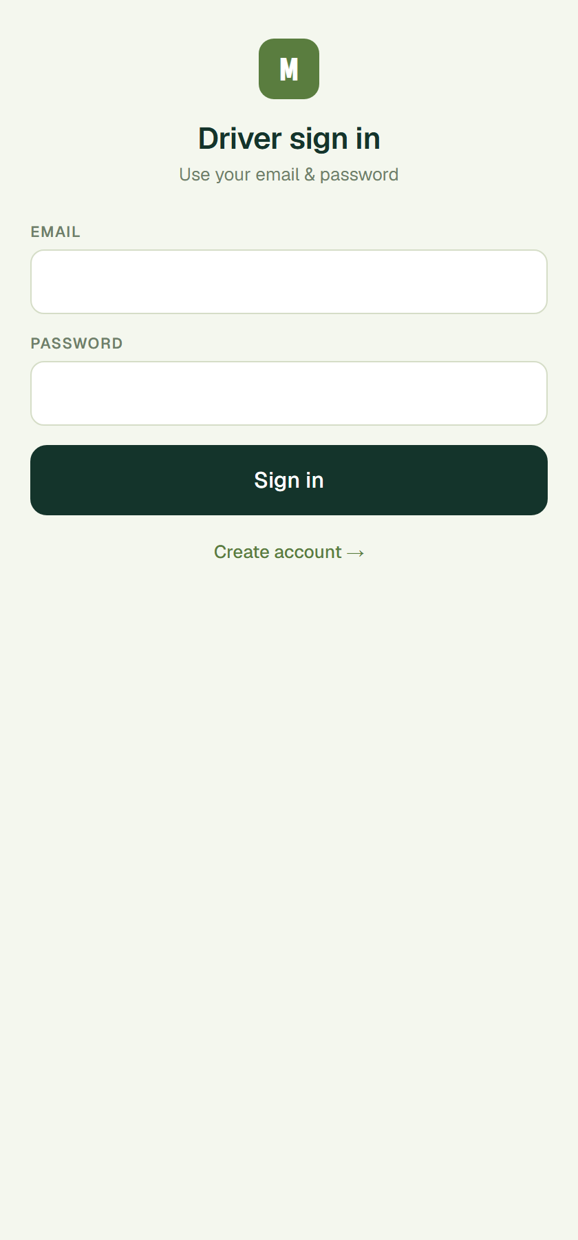 Driver sign-in screen on a phone