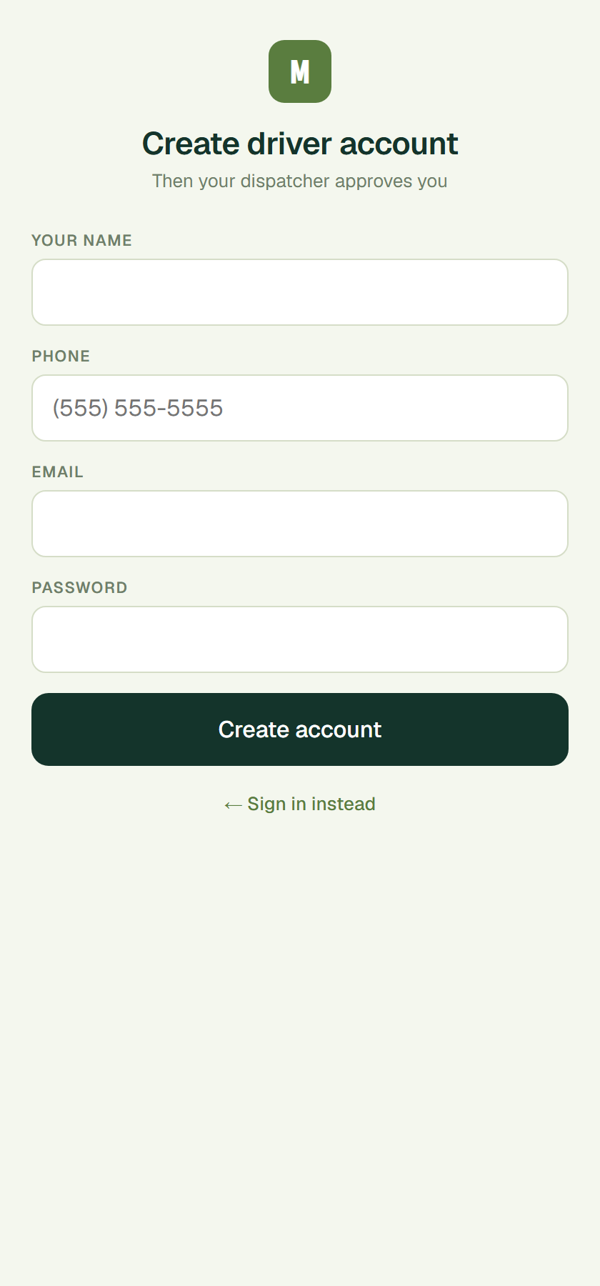 Driver create-account form — name, phone, email, password